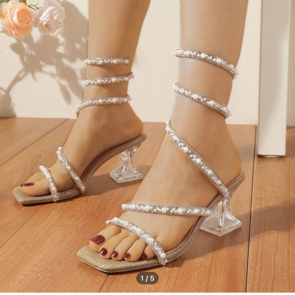 Faux Pearl & Rhinestone Decor Sculptural Heeled Strappy Sandals